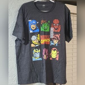 Marvel Men's Dark Gray Graphic Tee with Multicolor Superhero Panels
